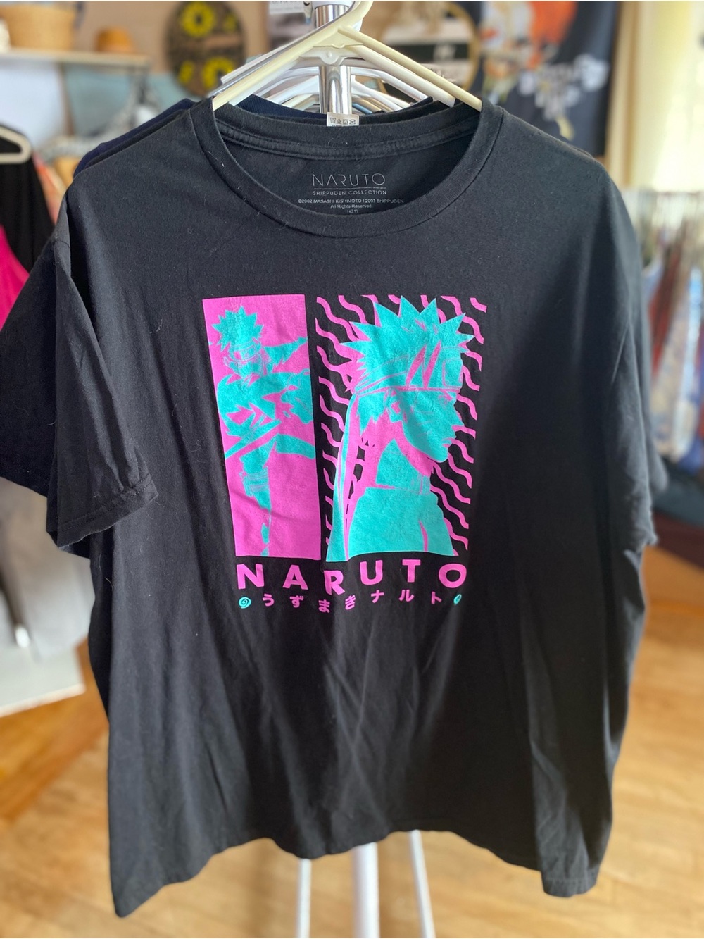 Naruto Black Short-Sleeve Tee with Teal & Pink Graphic